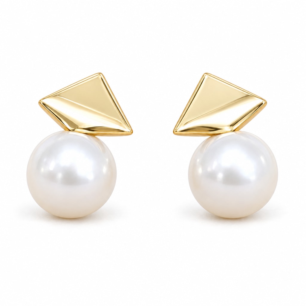 Marijke geometric triangle pearl stud earrings, 10-11mm white freshwater pearls beneath polished triangles