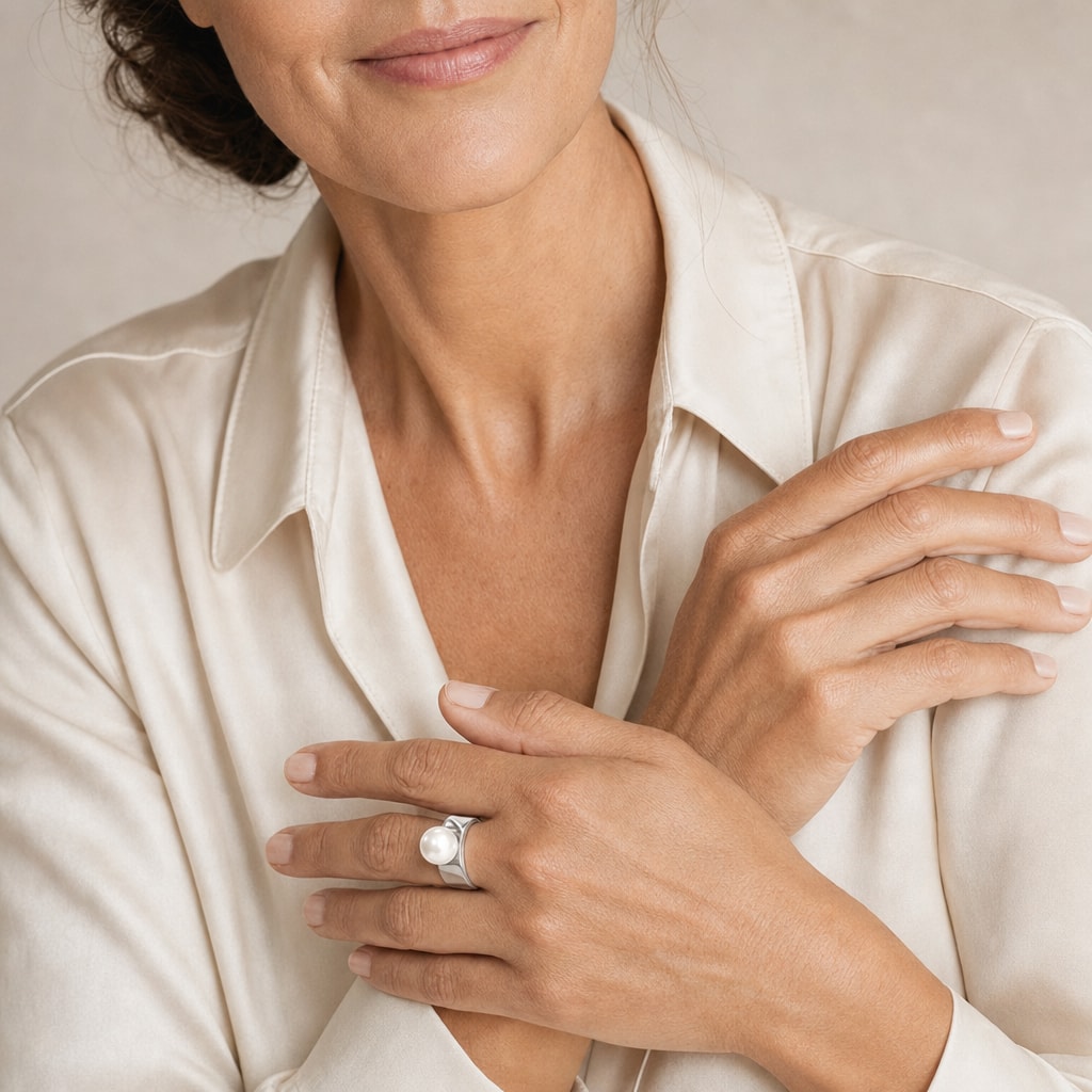 Close-up of a model's hand wearing the Marina freshwater pearl solitaire ring in sterling silver