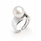 Marina wide band freshwater pearl solitaire ring in sterling silver on white background