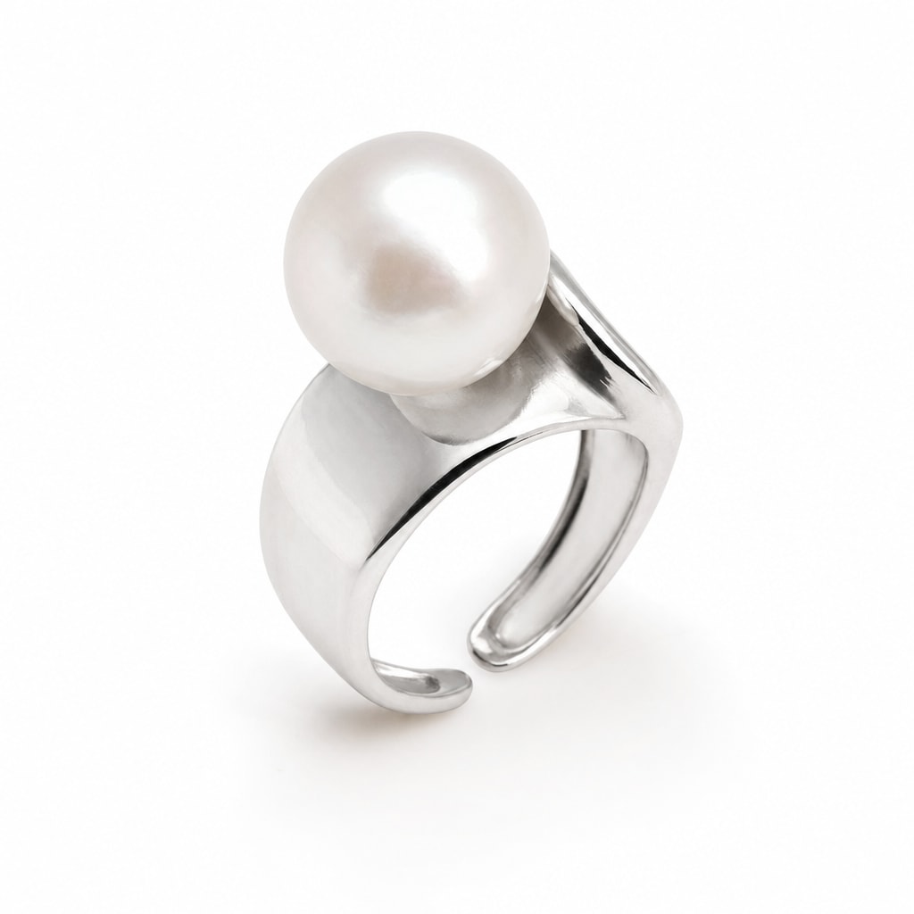 Marina wide band freshwater pearl solitaire ring in sterling silver on white background