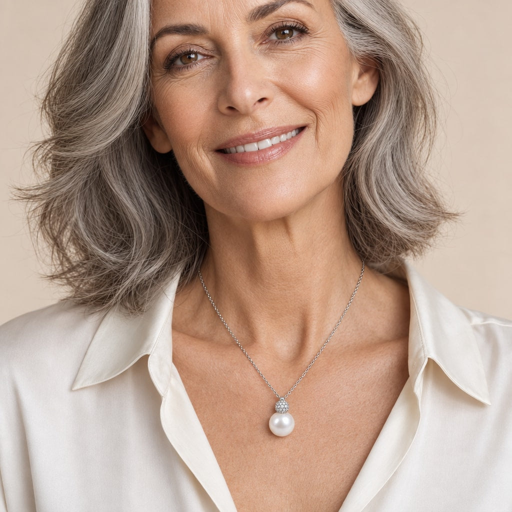 Woman wearing the Marjorie pavé ball pearl pendant necklace at the collarbone with a black strappy top