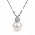 Marjorie pavé ball freshwater pearl pendant necklace in sterling silver on white background