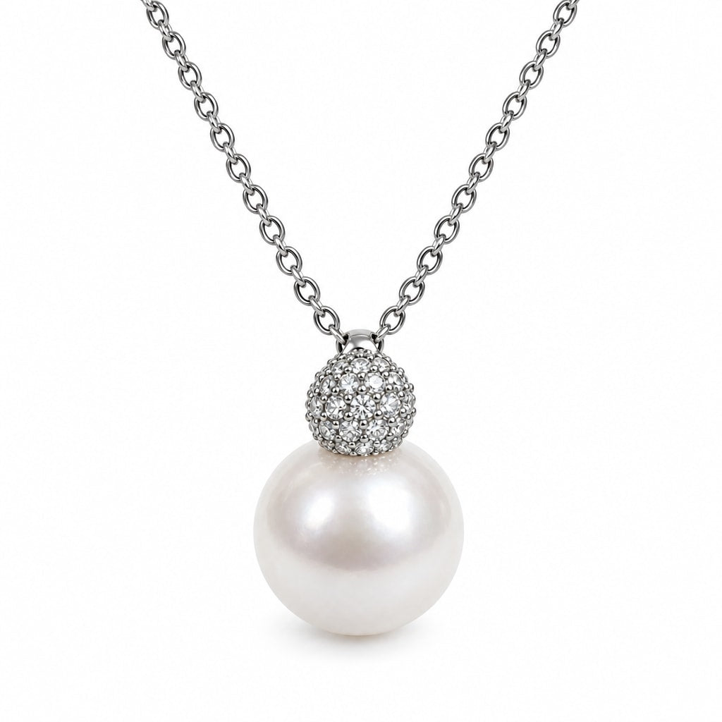 Marjorie pavé ball freshwater pearl pendant necklace in sterling silver on white background