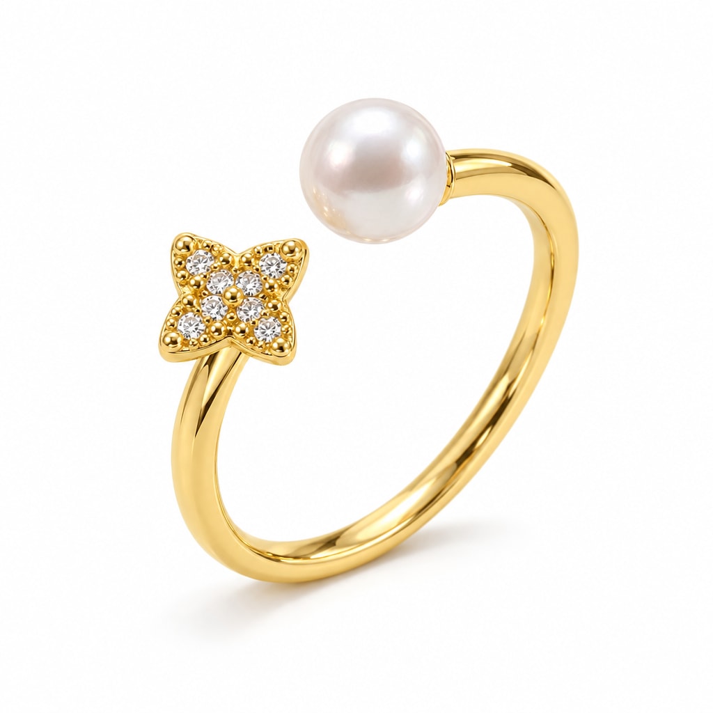 Marlowe pavé star and pearl open ring in gold-plated sterling silver on white background