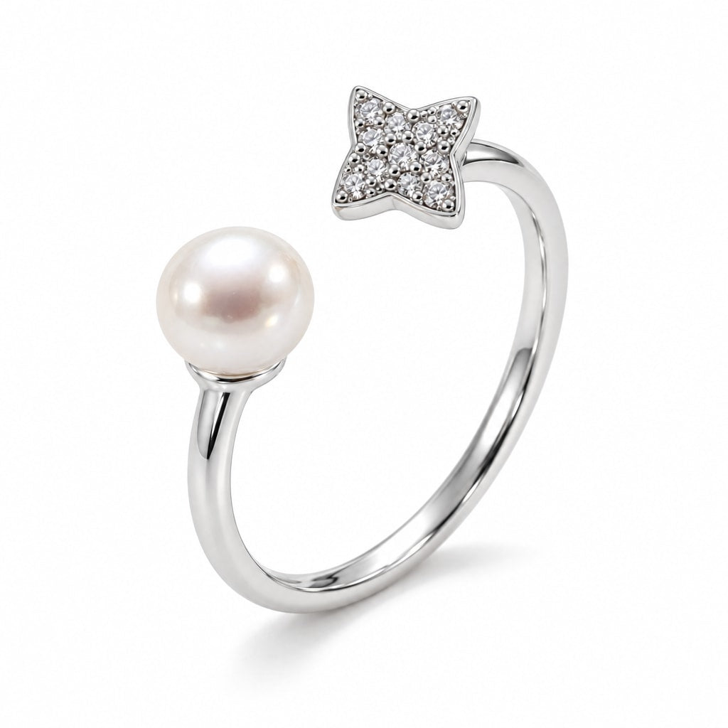 Marlowe pavé star and pearl open ring in gold-plated sterling silver on white background - second finish