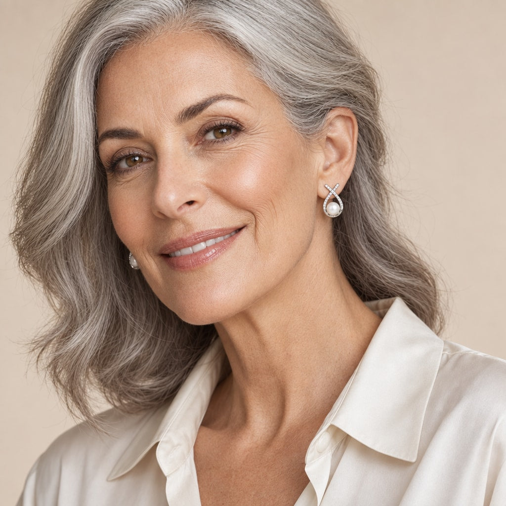 Woman in her sixties wearing the Mathilde ribbon loop pearl studs, hair pinned half up