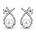 Mathilde pavé ribbon loop pearl stud earrings, 7-8mm white freshwater pearls in crystal ribbon frames