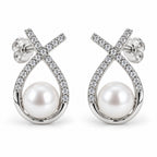 Mathilde pavé ribbon loop pearl stud earrings, 7-8mm white freshwater pearls in crystal ribbon frames