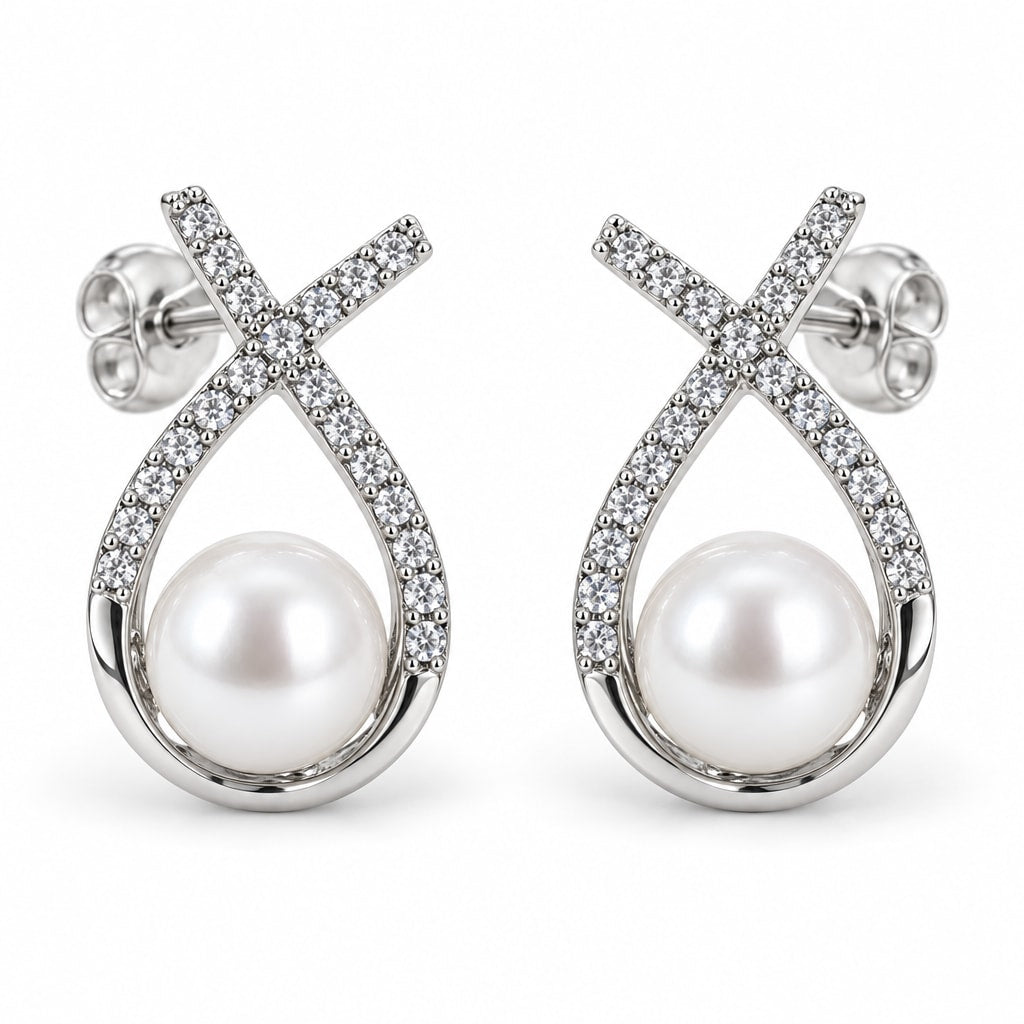 Mathilde pavé ribbon loop pearl stud earrings, 7-8mm white freshwater pearls in crystal ribbon frames