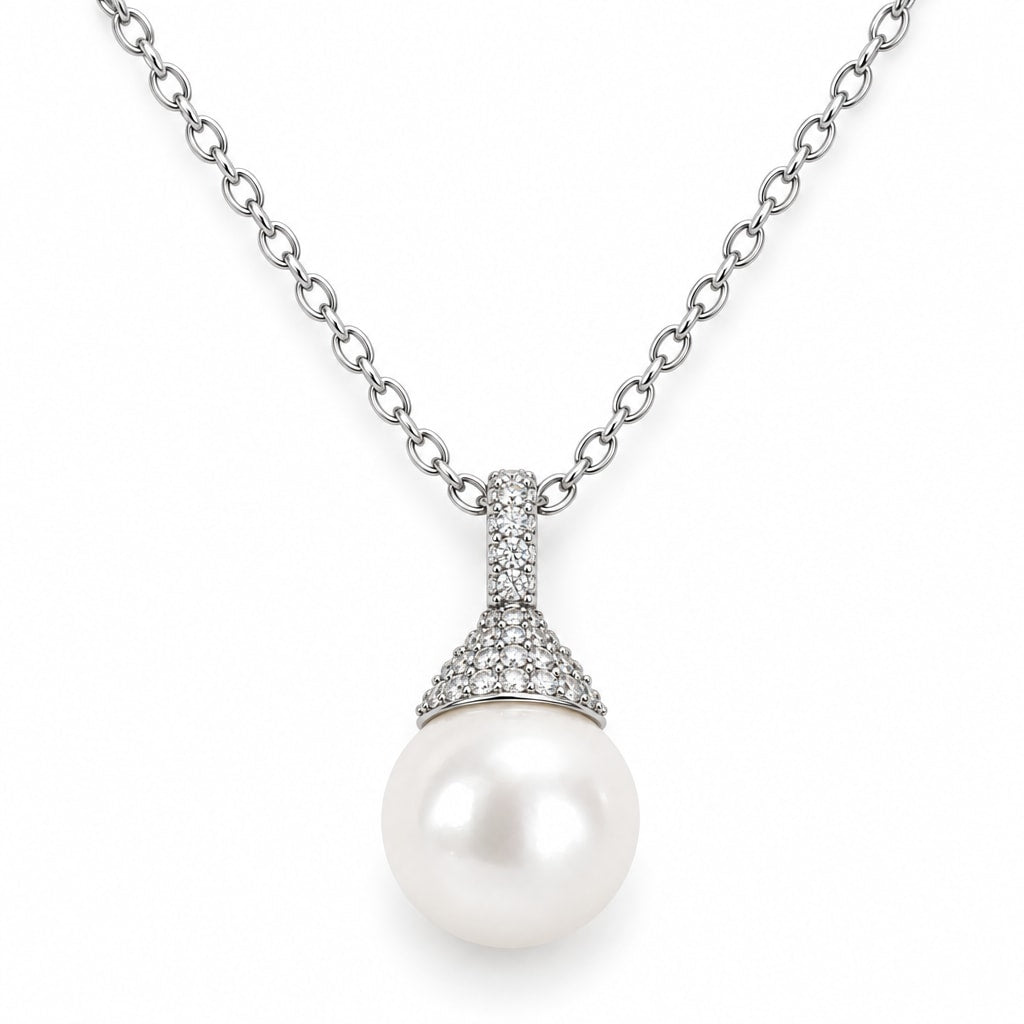 Maude pavé cone cap freshwater pearl pendant necklace in sterling silver on white background