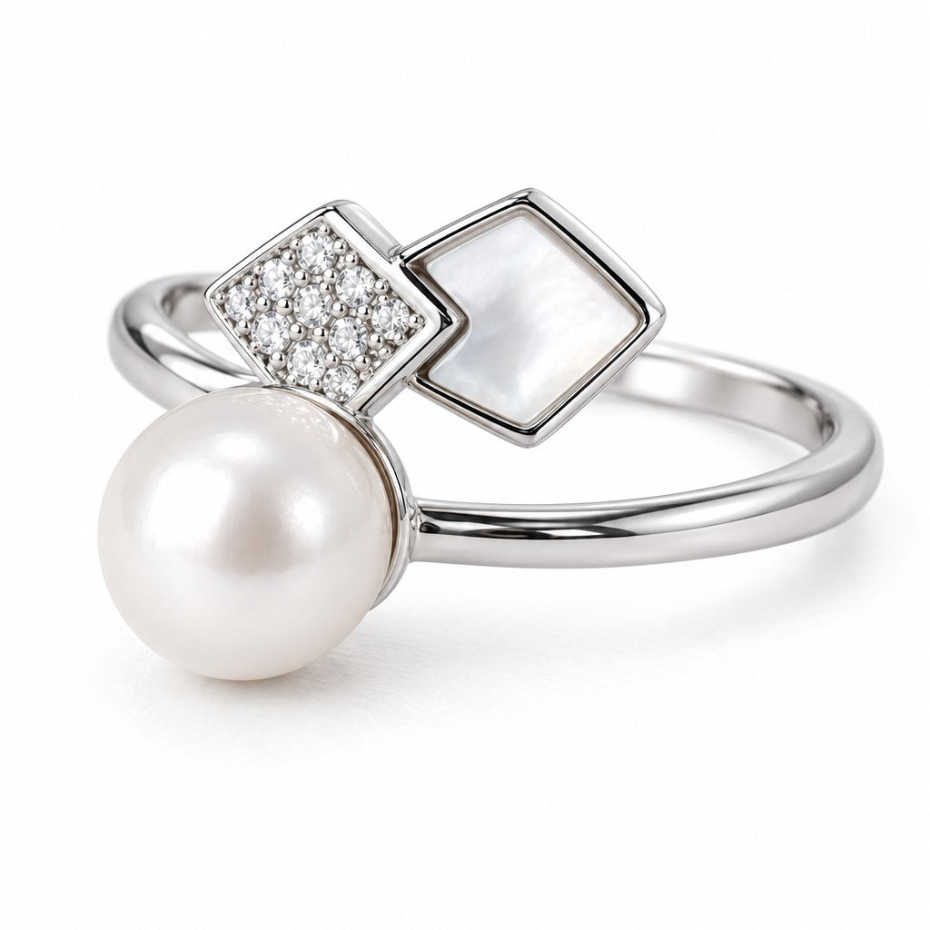 Meredith pavé square open freshwater pearl ring in sterling silver on white background