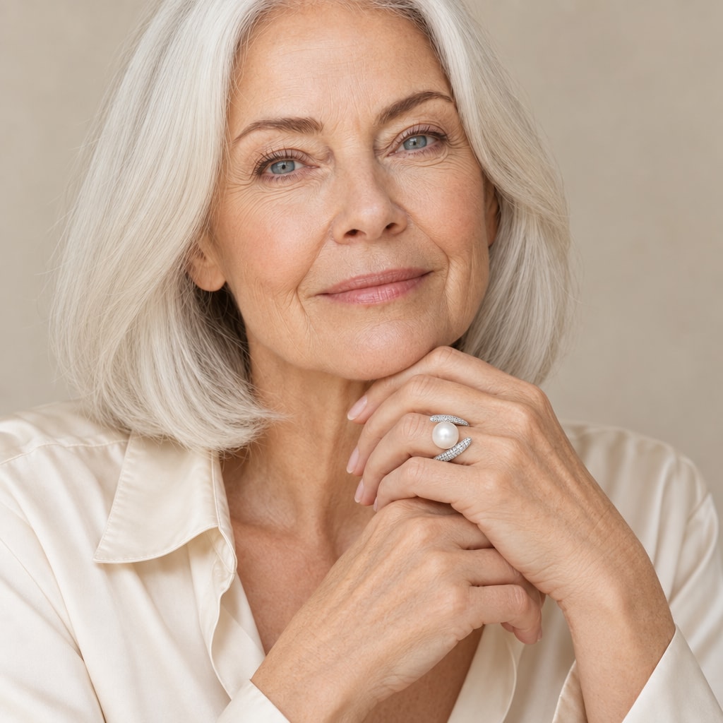 Close-up of a model's hand wearing the Millicent pavé bypass pearl ring in sterling silver