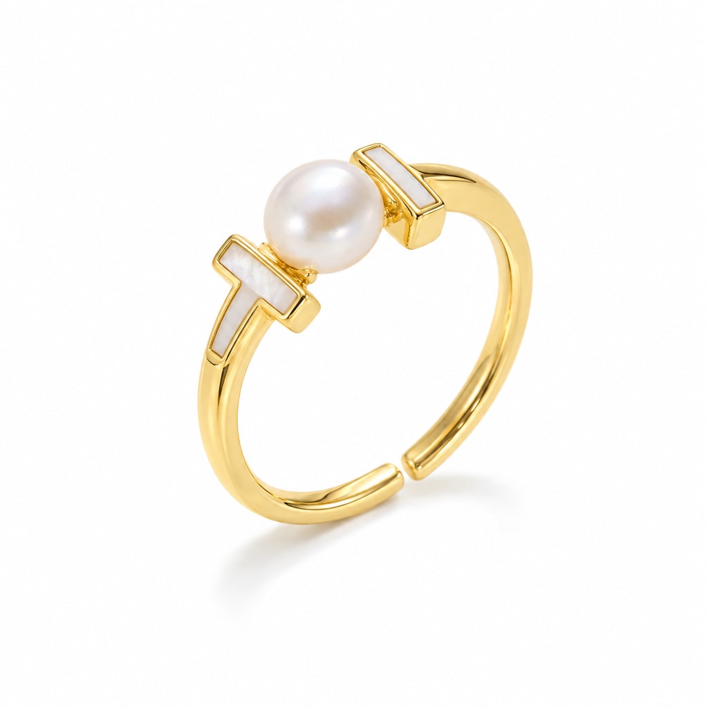 Mira T-bar pearl ring in gold-plated sterling silver on white background