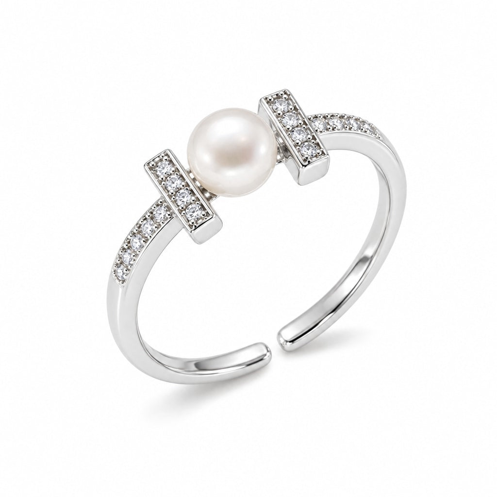 Mira T-bar pearl ring in gold-plated sterling silver on white background - second finish