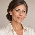 Woman in her sixties wearing the Mireille scalloped bezel pearl studs, hair tucked behind her ear