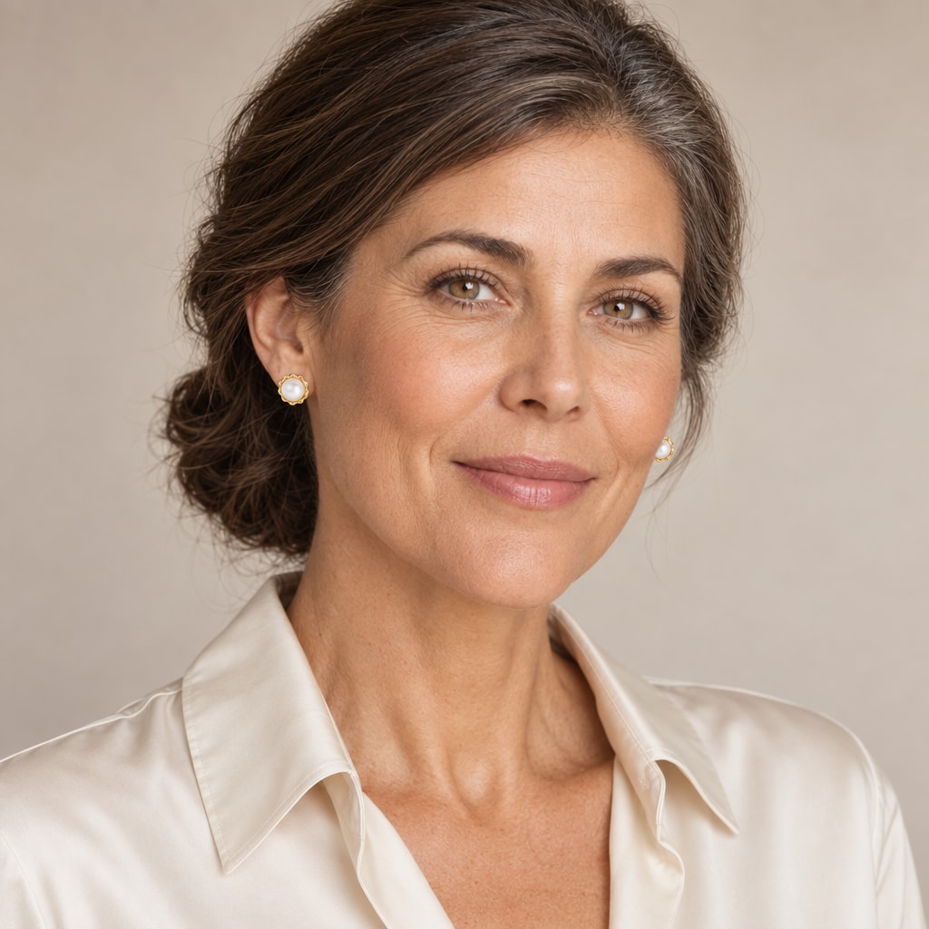 Woman in her sixties wearing the Mireille scalloped bezel pearl studs, hair tucked behind her ear