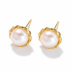 Mireille pearl earrings, 7-8mm white button pearls in scalloped bezels
