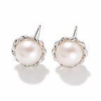 Mireille pearl earrings, 7-8mm white button pearls in scalloped bezels - second finish