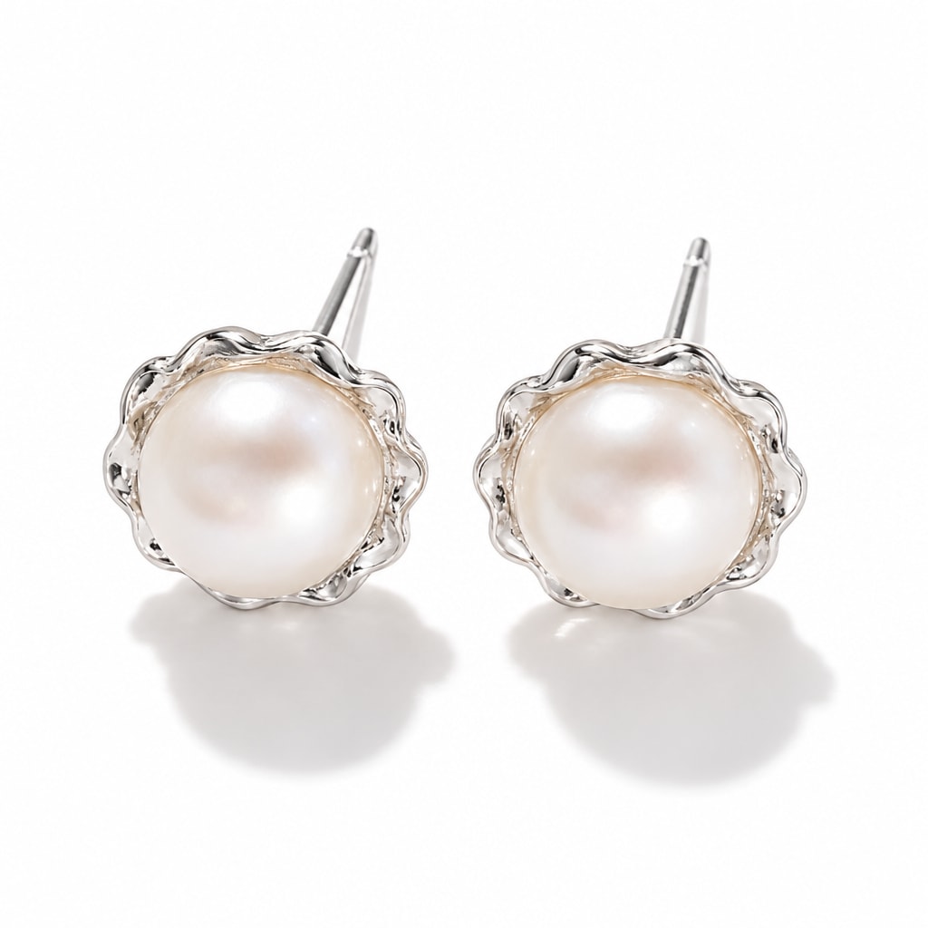Mireille pearl earrings, 7-8mm white button pearls in scalloped bezels - second finish