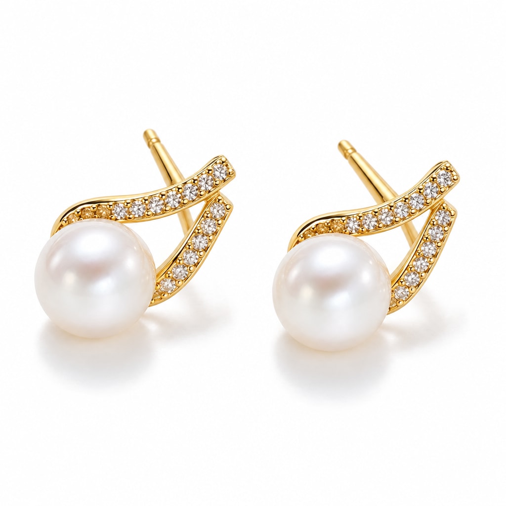 Nadine pearl earrings, 7-8mm white button pearls with pavé bars crossing behind them