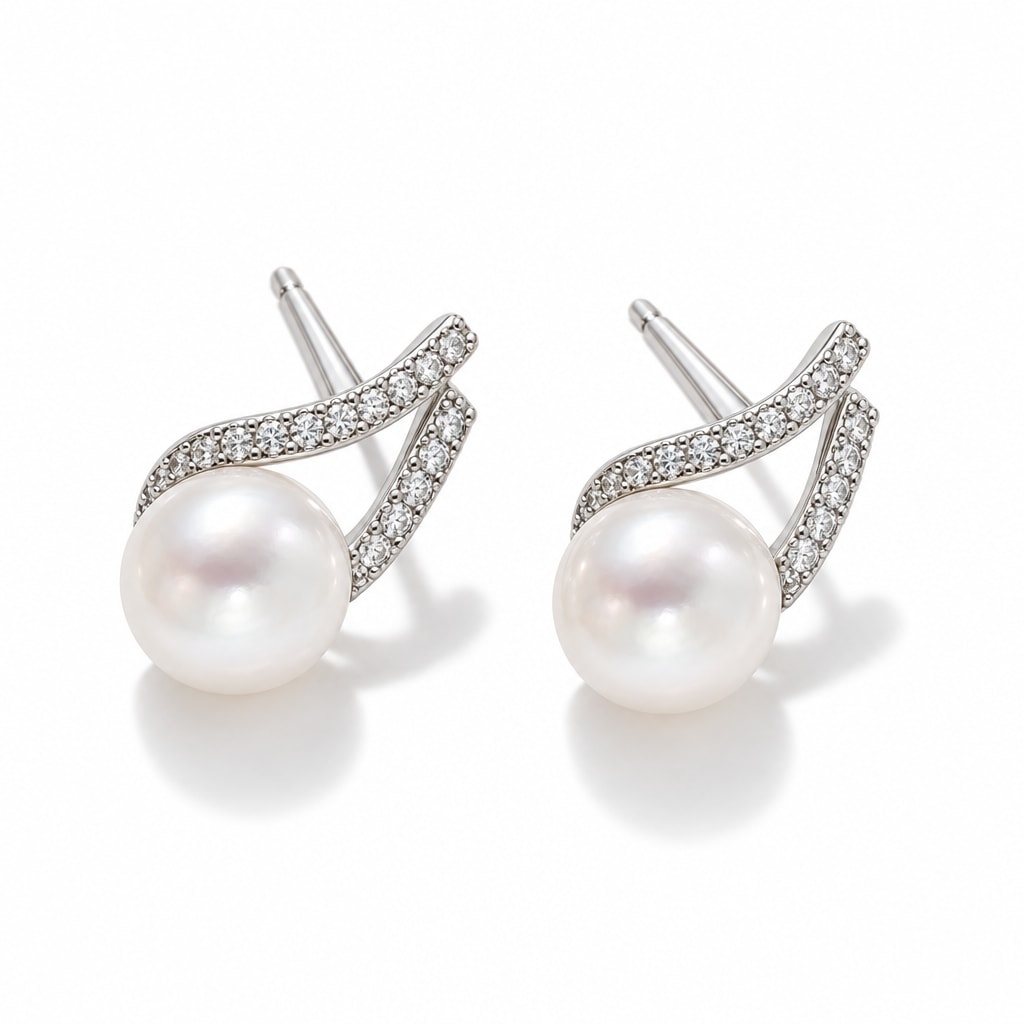 Nadine pearl earrings, 7-8mm white button pearls with pavé bars crossing behind them - second finish