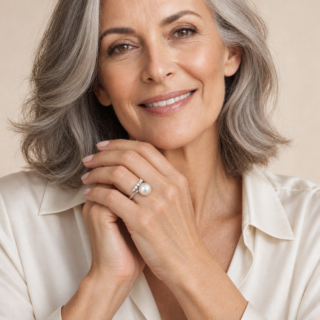 Close-up of a model's hand wearing the Nancy open pearl ring in sterling silver