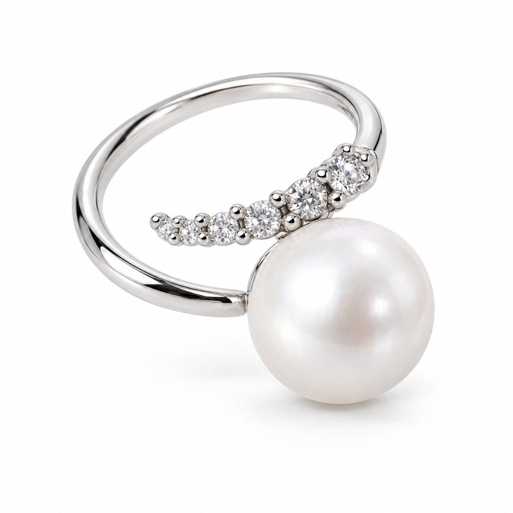 Nancy CZ row open freshwater pearl ring in sterling silver on white background