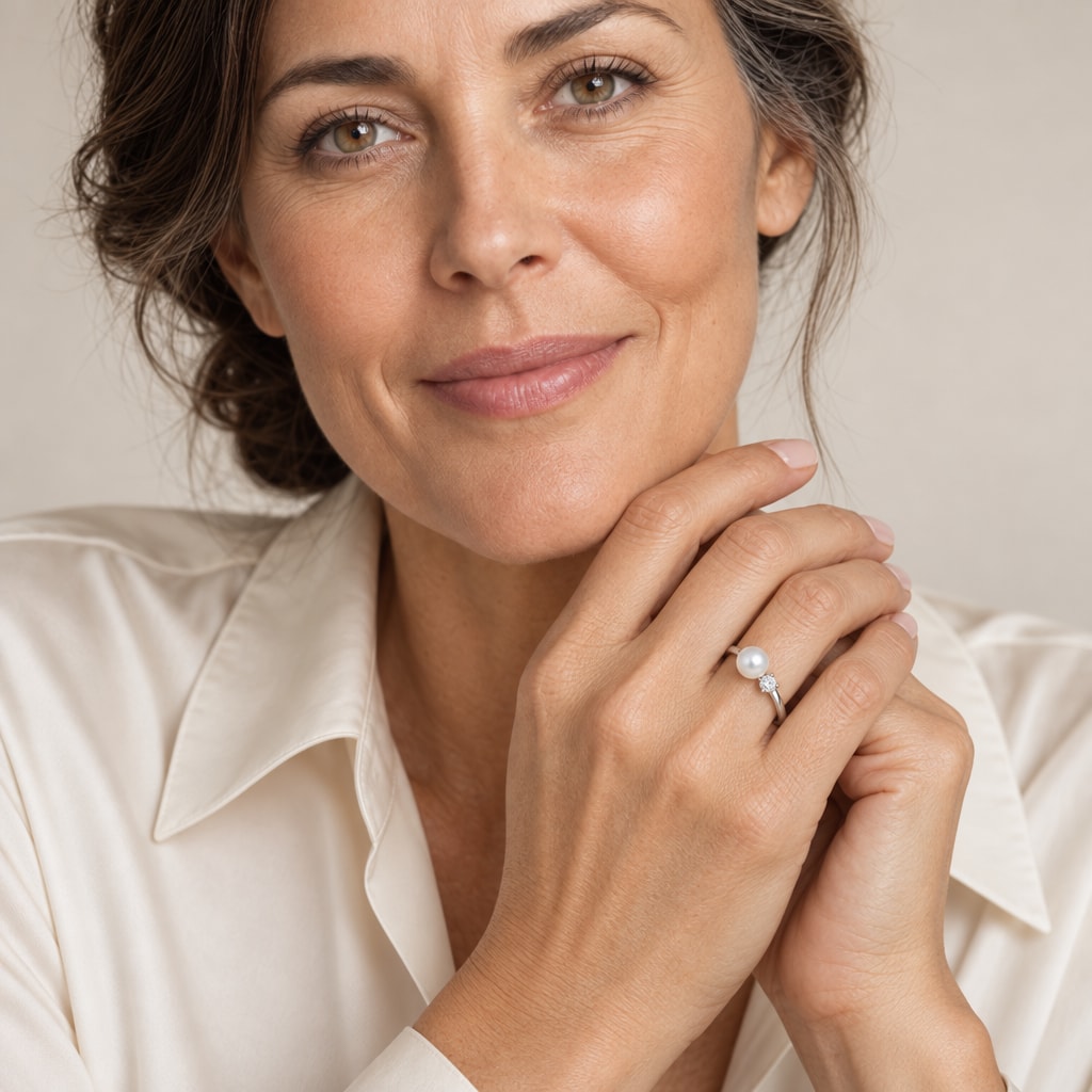 Close-up of a model's hand wearing the Naomi petite pearl ring in gold finish