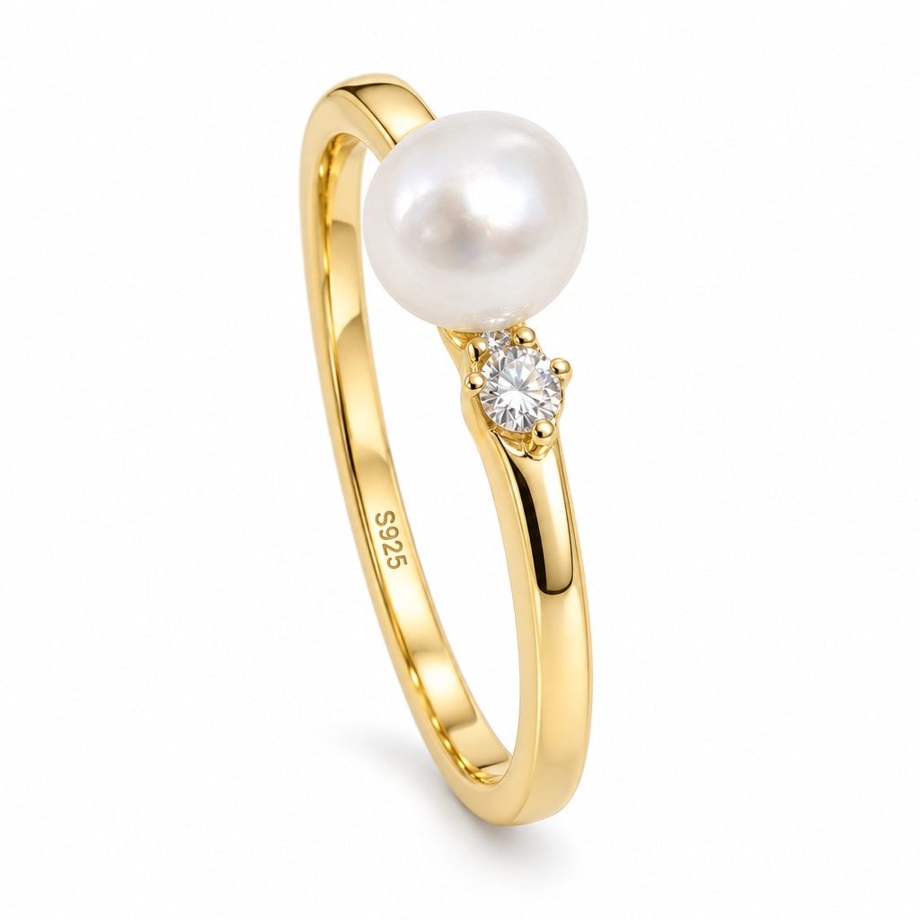 Naomi petite freshwater pearl and CZ ring in sterling silver on white background
