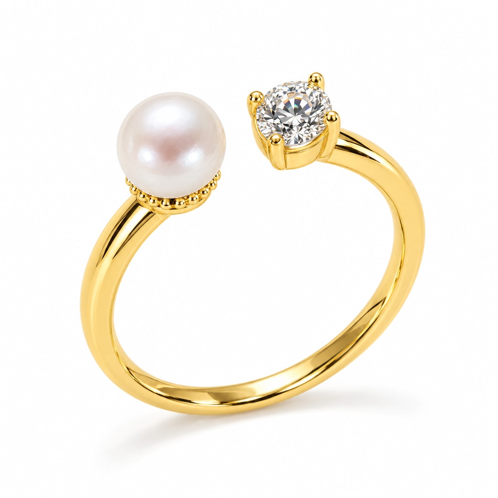 Nell CZ and pearl open ring in gold-plated sterling silver on white background