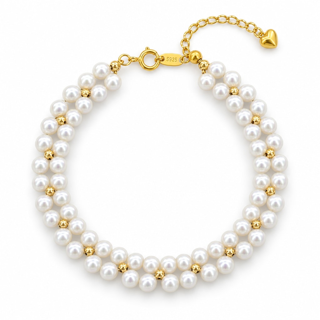 Nicoletta woven double-row white freshwater pearl bracelet with polished spacer beads, on a blue resin slab