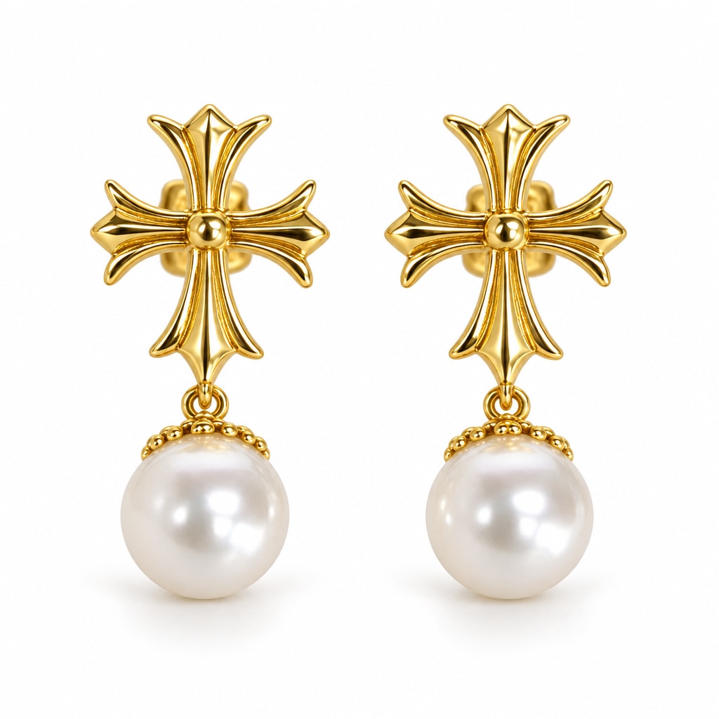 Noor Gothic cross pearl drop earrings, 7-8mm white freshwater pearls beneath fleur-de-lis crosses