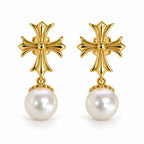 Noor Gothic cross pearl drop earrings, 7-8mm white freshwater pearls beneath fleur-de-lis crosses