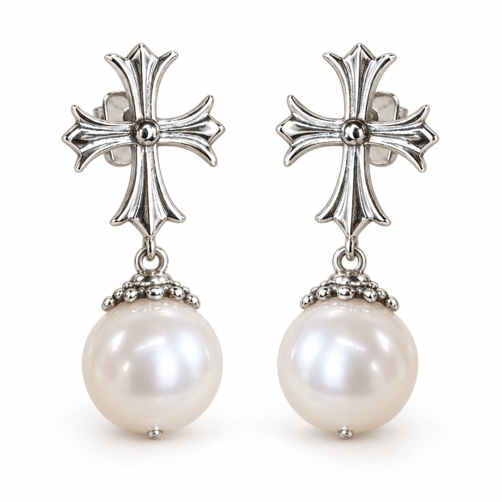 Noor Gothic cross pearl drop earrings, 7-8mm white freshwater pearls beneath fleur-de-lis crosses - second finish