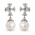 Noor Gothic cross pearl drop earrings, 7-8mm white freshwater pearls beneath fleur-de-lis crosses - second finish