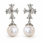 Noor Gothic cross pearl drop earrings, 7-8mm white freshwater pearls beneath fleur-de-lis crosses - second finish