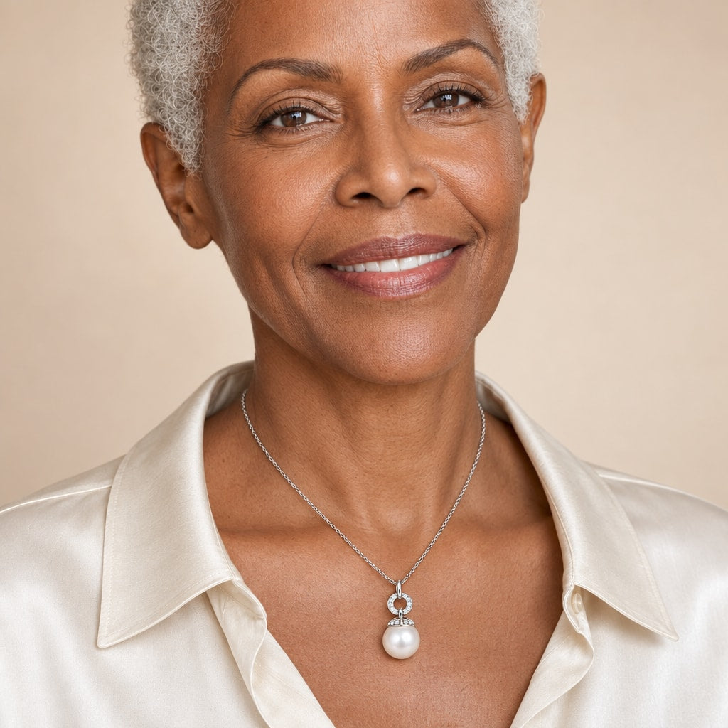 Woman wearing the Nora pavé circle pearl pendant necklace at the sternum with a black crew-neck top