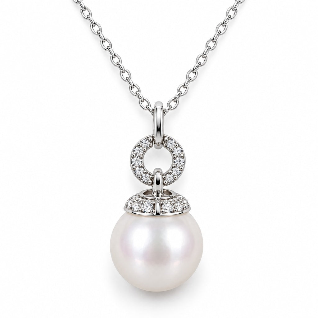 Nora pavé circle cap freshwater pearl pendant necklace in sterling silver on white background