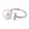 Olive pavé T-bar open freshwater pearl ring in sterling silver on white background
