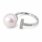 Olive pavé T-bar open freshwater pearl ring in sterling silver on white background