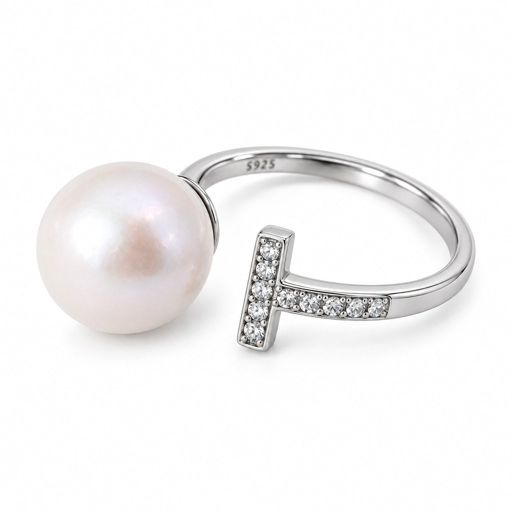 Olive pavé T-bar open freshwater pearl ring in sterling silver on white background