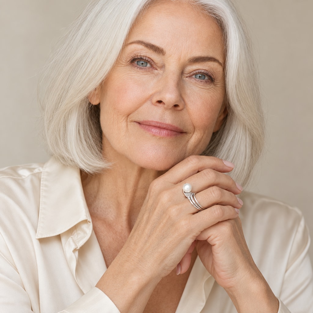 Close-up of a model's hand wearing the Orla multi-strand pearl ring in sterling silver