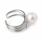 Orla multi-strand open freshwater pearl ring in sterling silver on white background