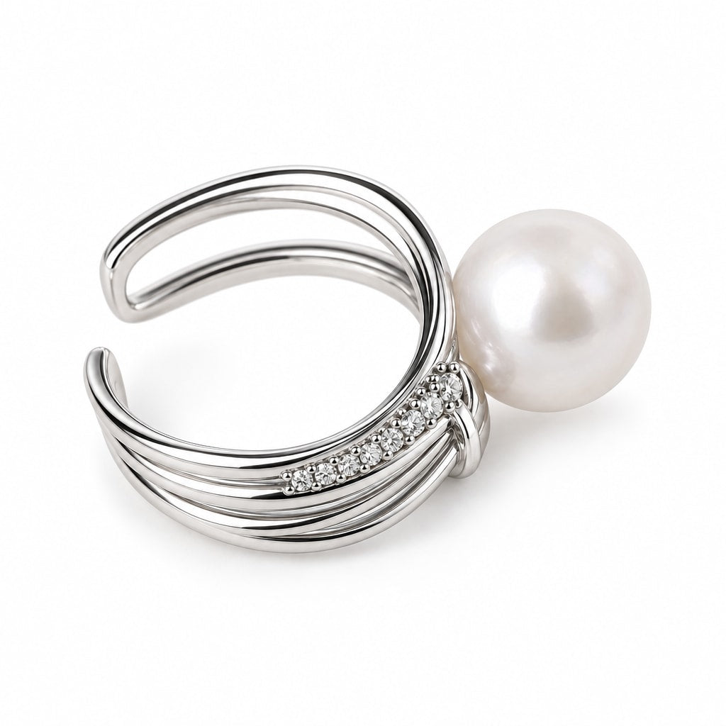Orla multi-strand open freshwater pearl ring in sterling silver on white background