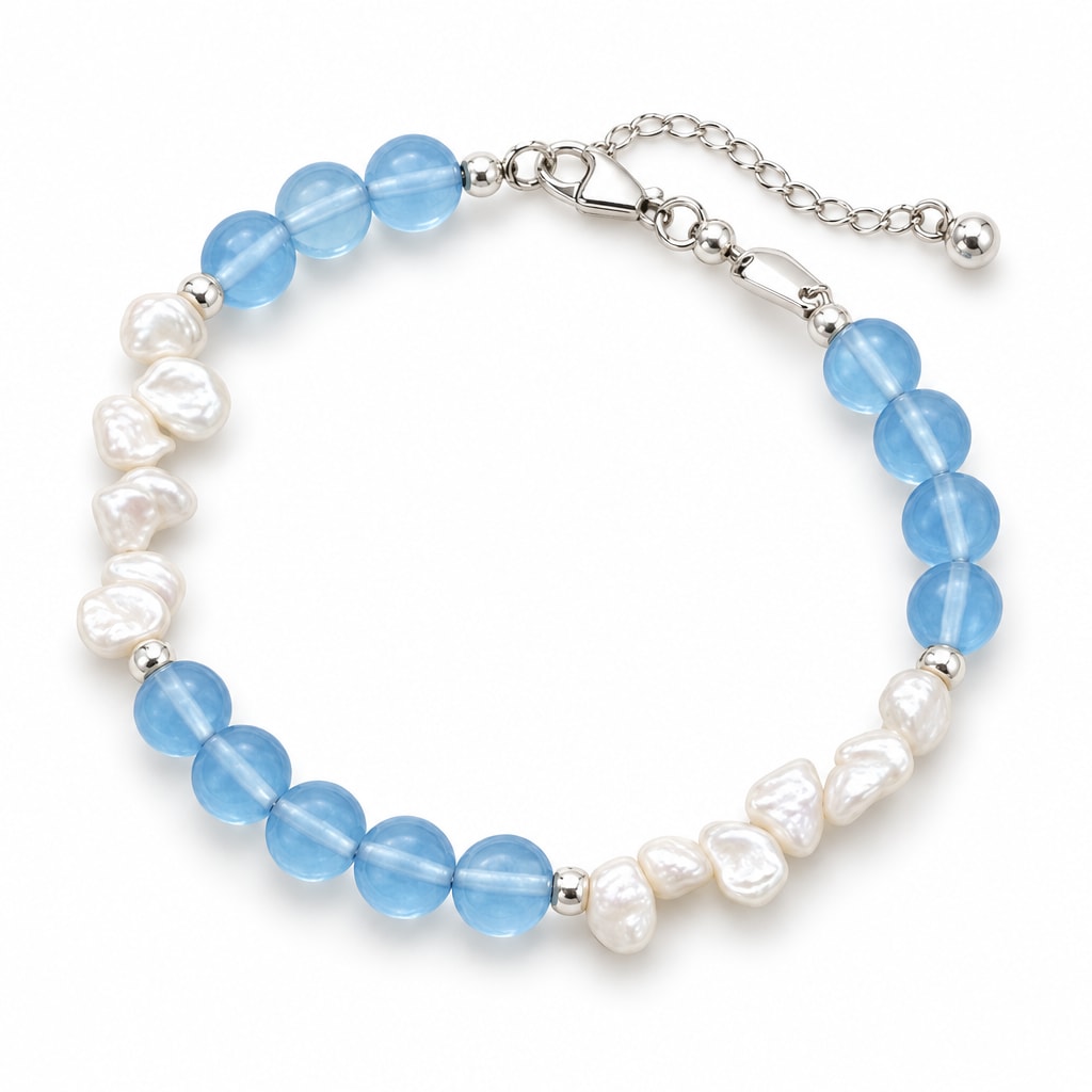 Paola light blue bead bracelet with two sections of white keshi pearls and silver spacers, flat lay on a printed postcard