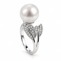 Patricia pavé leaf freshwater pearl solitaire ring in sterling silver on white background
