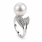 Patricia pavé leaf freshwater pearl solitaire ring in sterling silver on white background
