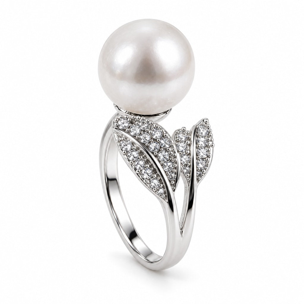 Patricia pavé leaf freshwater pearl solitaire ring in sterling silver on white background