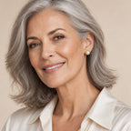 Woman in her forties wearing the Pauline honeycomb bezel pearl studs, hair down