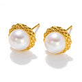 Pauline pearl earrings, 7-8mm white button pearls in honeycomb-textured bezels